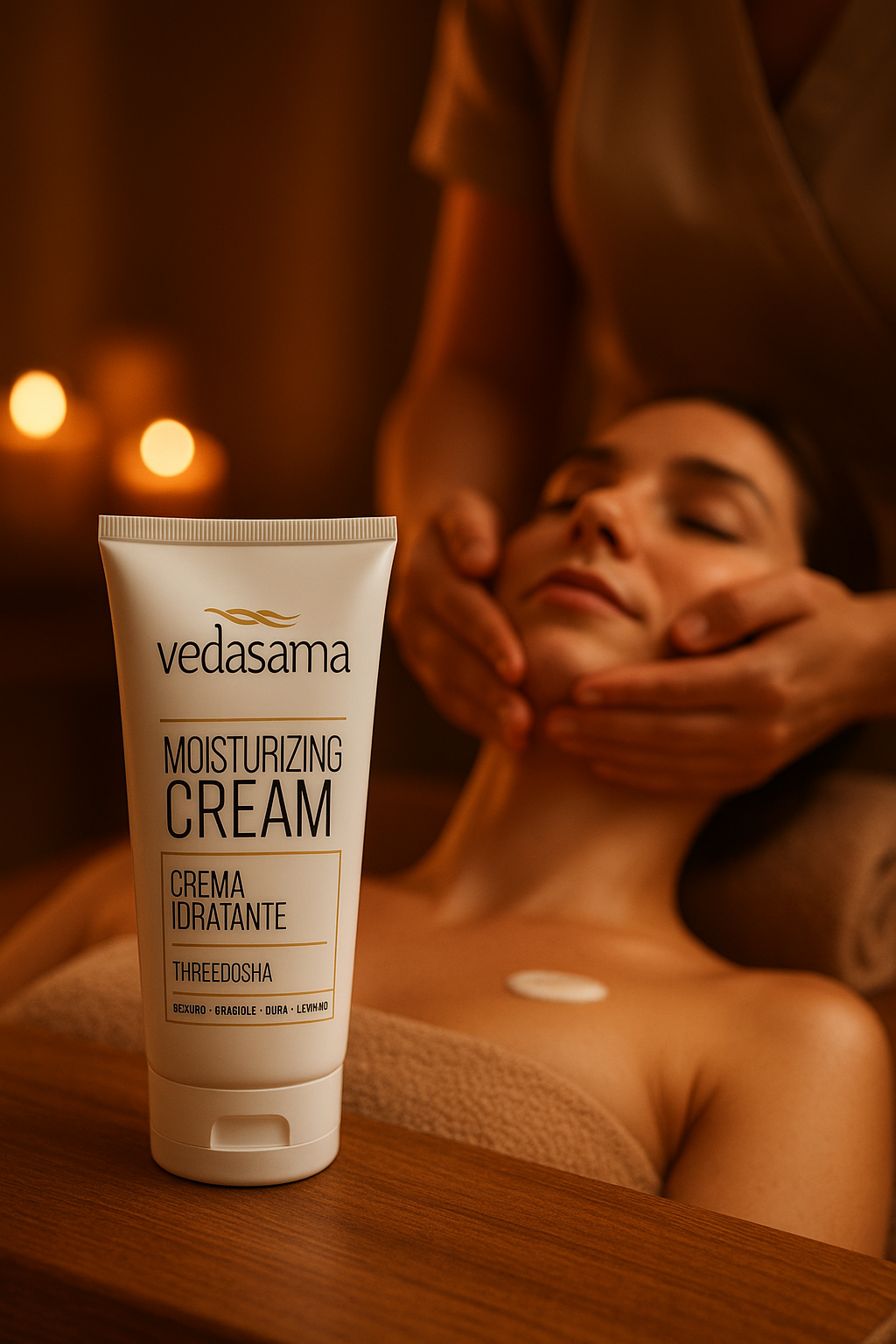 Crema Neutra Idratante Vedasama utilizzata durante un massaggio