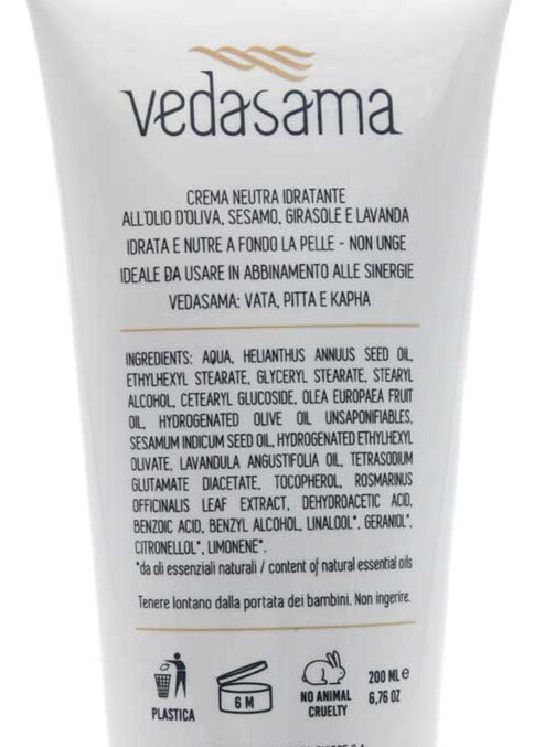 Retro della Crema Neutra Idratante Vedasama con ingredienti e avvertenze